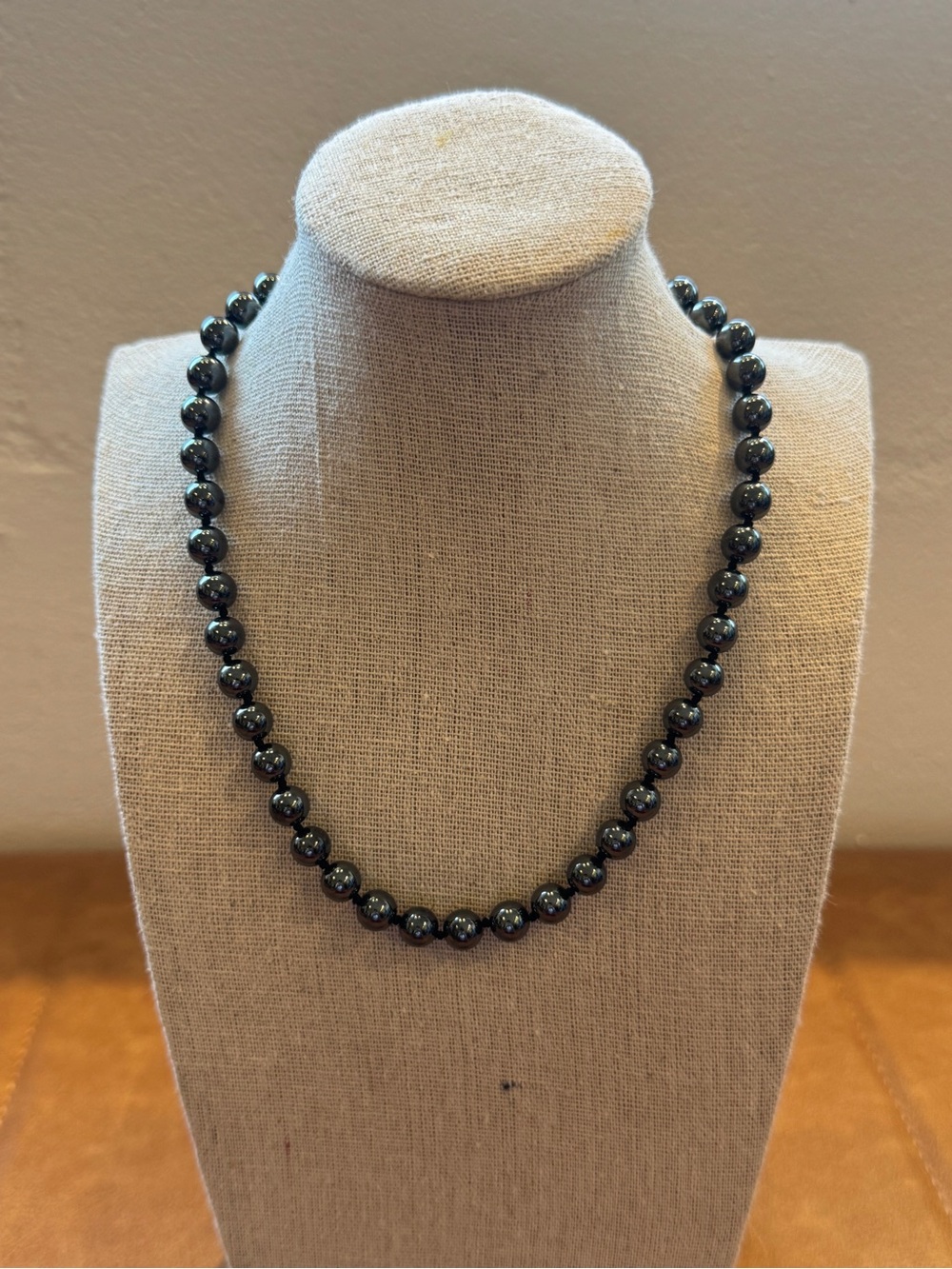 Classic Hematite Beaded Necklace w/ Gold Clasp 16”
